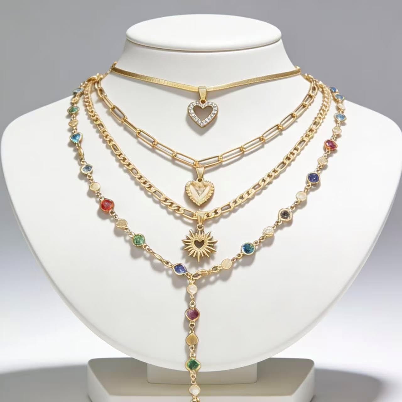 4 PCS Layered Gold Necklaces | Heart Pendant Colorful Zircon Trendy Stackable Jewelry Set for Women Summer Beach Party Mother's Day Present