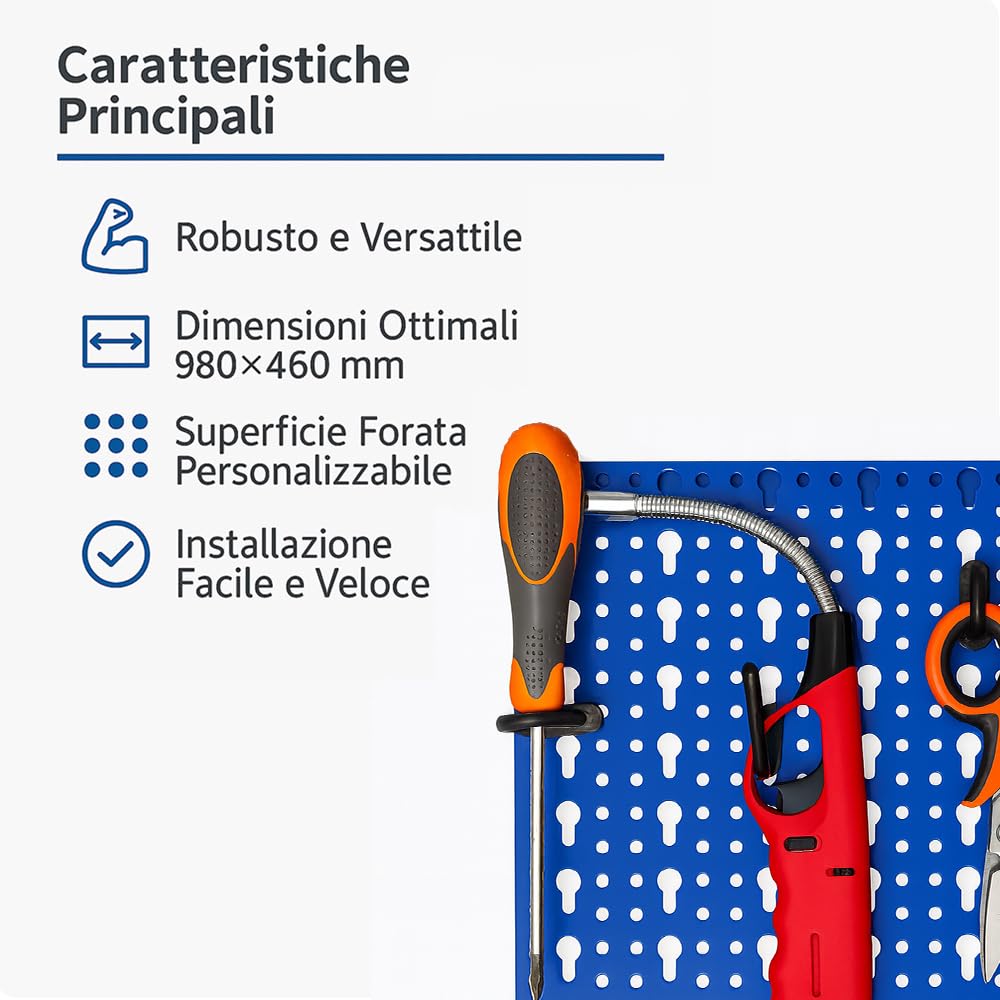 FERROELETTRA Pannello Portautensili 980x460mm in Lamiera Verniciata - Kit Ganci Incluso - Pannello Porta Attrezzi da Parete per Organizzazione Utensili - Parete Attrezzata Officina (1, Rosso)