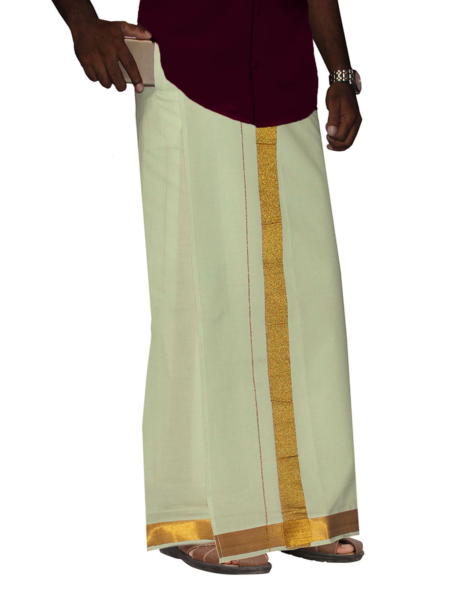 Prakasam Cotton Men's Rich Quality Cream Colour 2 Inch Gold Jari Border Welcro Pocket Dhoti/Size Hip -28 Inches- Length- 42 Inches