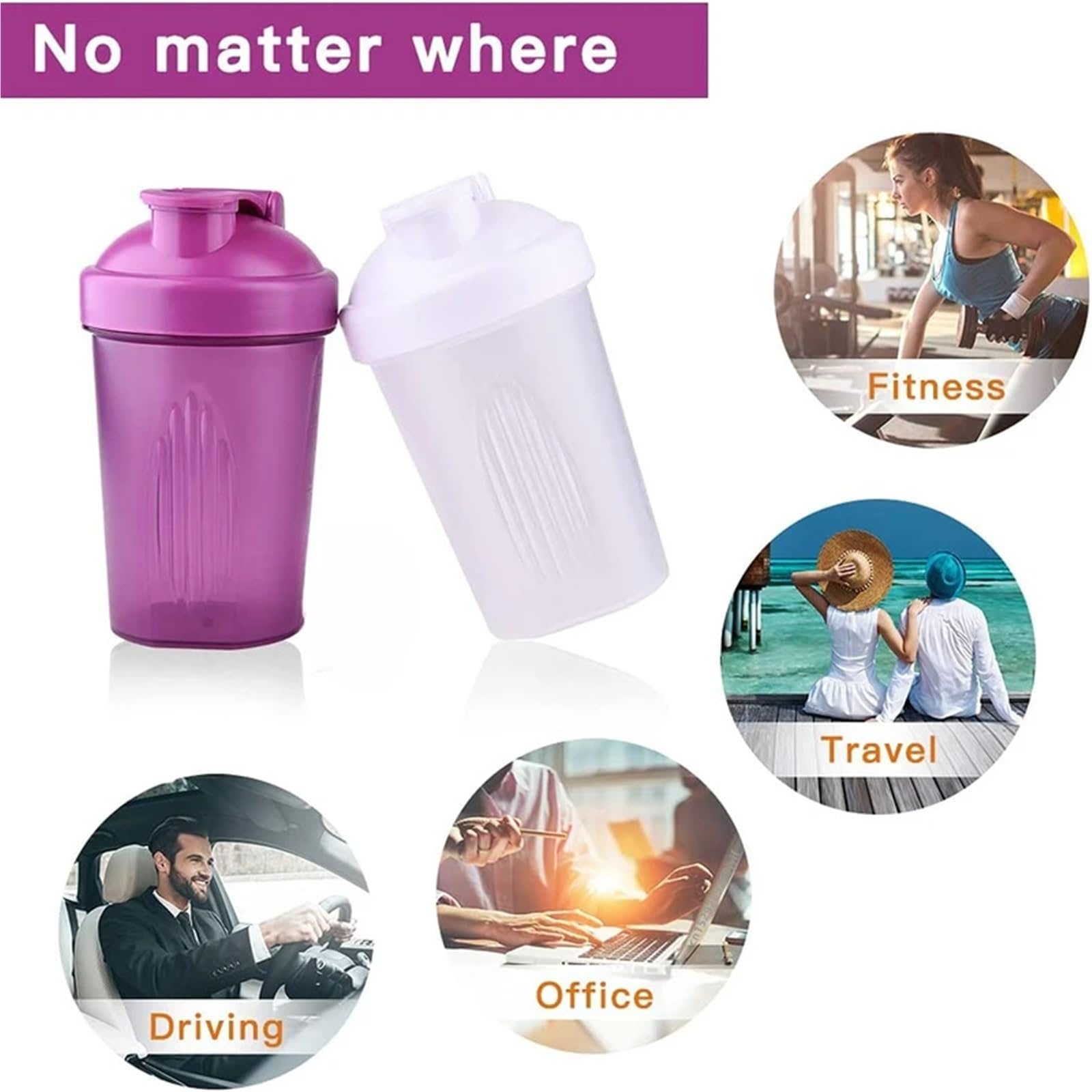 Shaker-Flasche mit Edelstahlkugel, BPA-frei, Kunststoff, auslaufsicher, für Pulver, Workout, Fitnessstudio, Sport, 400 ml, Violett