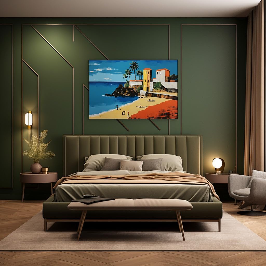 Canvas for Living room. Sunny Shores and Serene Vistas: A Lively Beach Scene Comes to Life in Digital Artistry, 27 x 18 inch Canvas Wall Art - Seascapes And Ocean - Modern Home Decor