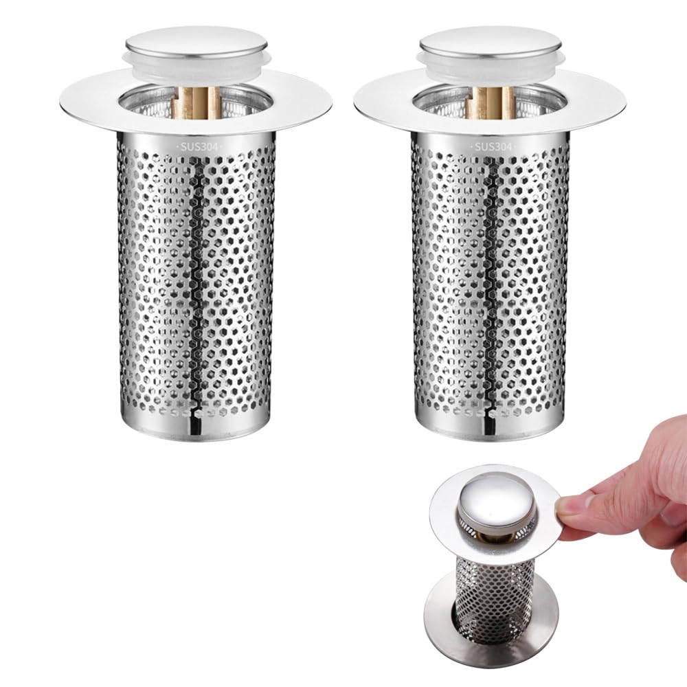 Sink Drain Strainer,Stainless Steel Removable Floor Drain Filter with Push Type Brass Rebound Core to Filter Out Hair Strainer for Bathroom Kitchen Balconies(3.3 * 5.5cm)