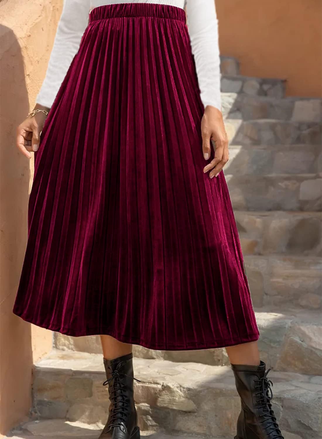 Women’s High Elastic Waist Skirt Pleated A Line Swings Midi Velvet Skirts for Women - Image 4