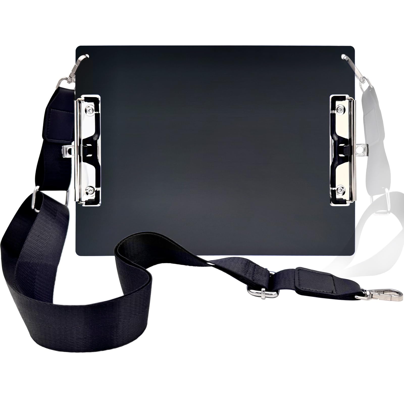 Portapapeles de metal de aluminio con correa de hombro ajustable desmontable A4, tablero de doble clip de acero inoxidable para colgar con soporte para bolígrafo, letra de 9 x 12.6 pulgadas, para