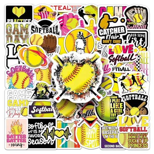 50 PCS Softball Stickers Waterproof Vinyl Softball Sports Motivational Decals for Laptop Luggage Skateboard Phone Fridge Trendy Stickers for Teens Adults Boys and Girls(Softball)