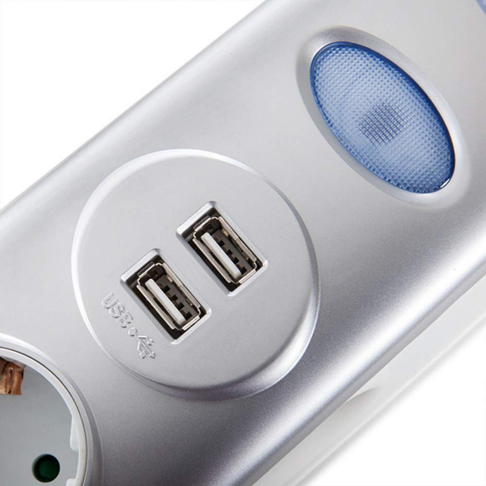 Greenice Enchufe 6 X Toma Corriente + Interruptor Luminoso + 2 X Usb Cargador 2100 Ma 5V - IP20 - Blanco/Plata