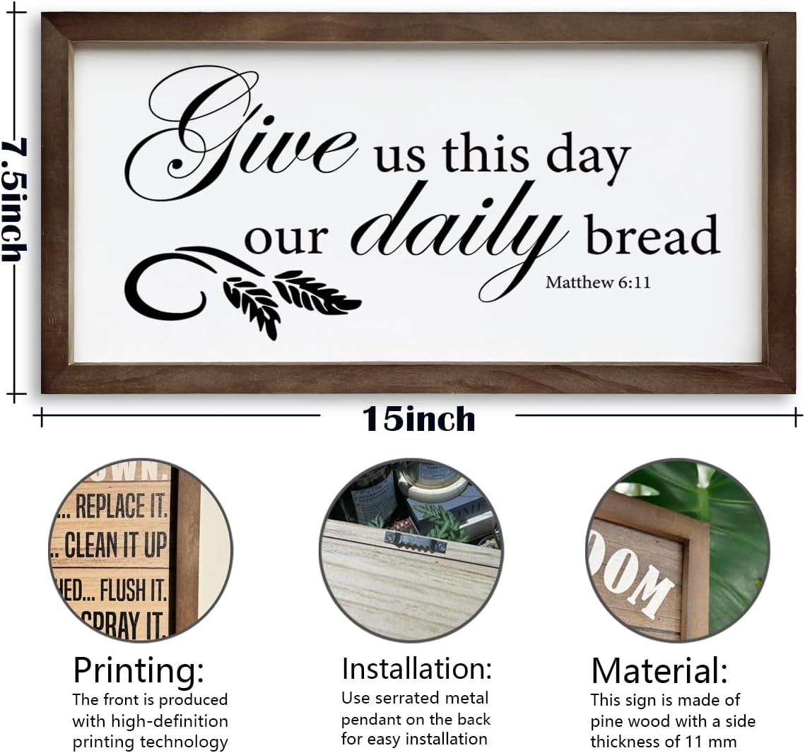Give Us This Day Our Daily Bread Sign, Christian Decor Sign, Framed Scripture Wood Sign, Rustic Wall Plaque Sign, Christian Home Wall Decor, Frame Dining Room Decor, Kitchen Wooden Sign