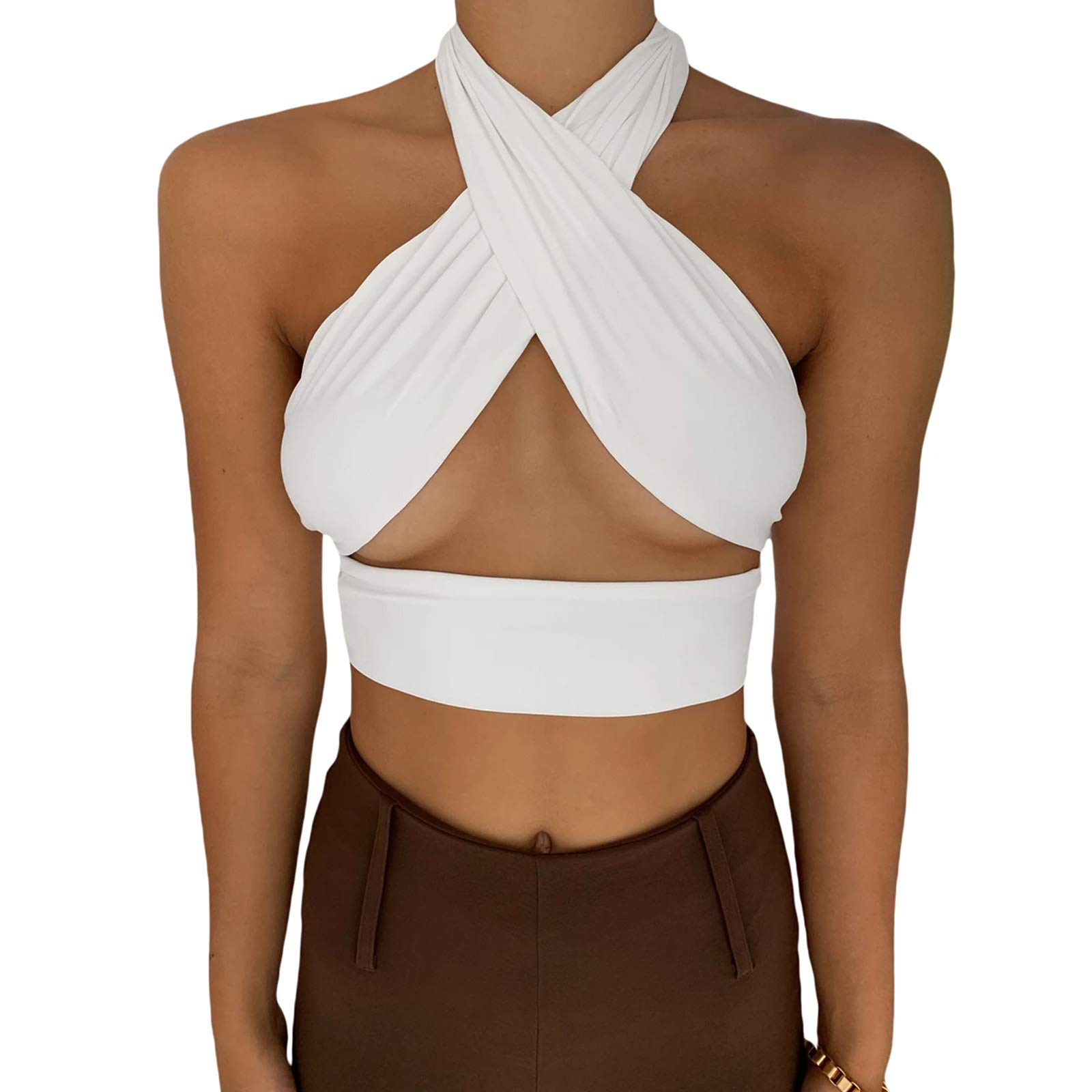 GuliriFei Las mujeres Sexy Crisscross Crop Top Cutout Halter Neck Lace Up sin mangas Strappy Tie Backless Tank Top Y2K Basic Tees Shirts
