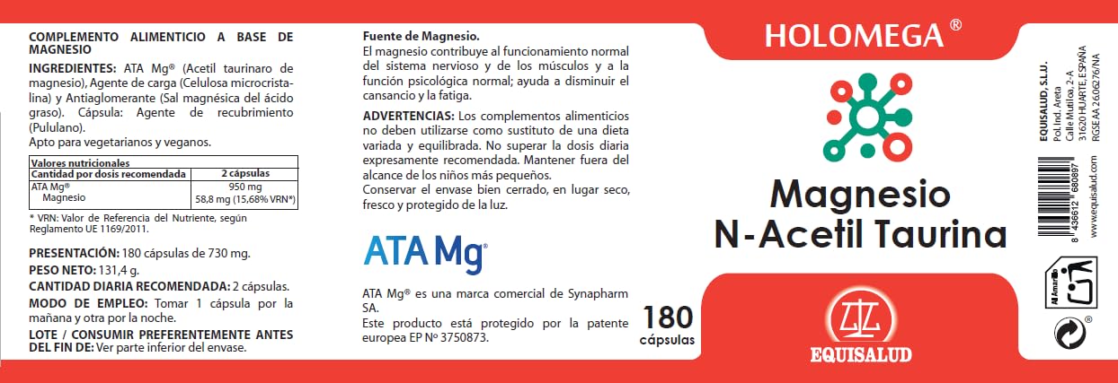 Holomega Magnesio N-Acetil Taurina – 180 Cápsulas (3 Meses) | Alta Biodisponibilidad ATA Mg® | Sistema Nervioso, Estrés y Fatiga | Magnesio de Alta Absorción | Equisalud