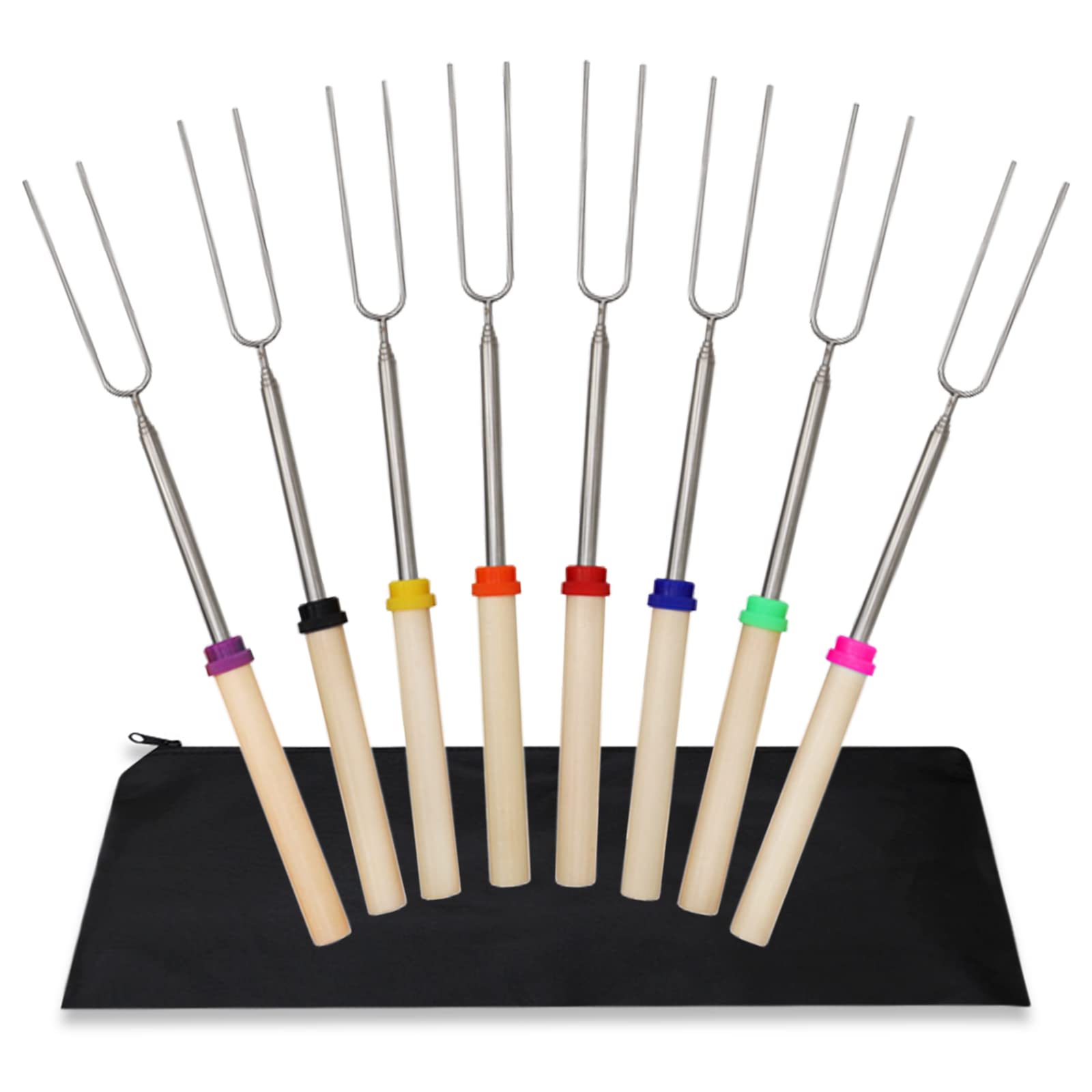 Roasting Sticks, Stainless Steel Roasting Sticks with Wooden Handle, 32 Inch(81cm) Extendable BBQ Forks Telescoping Smores Sticks for Fire Pit, Campfire