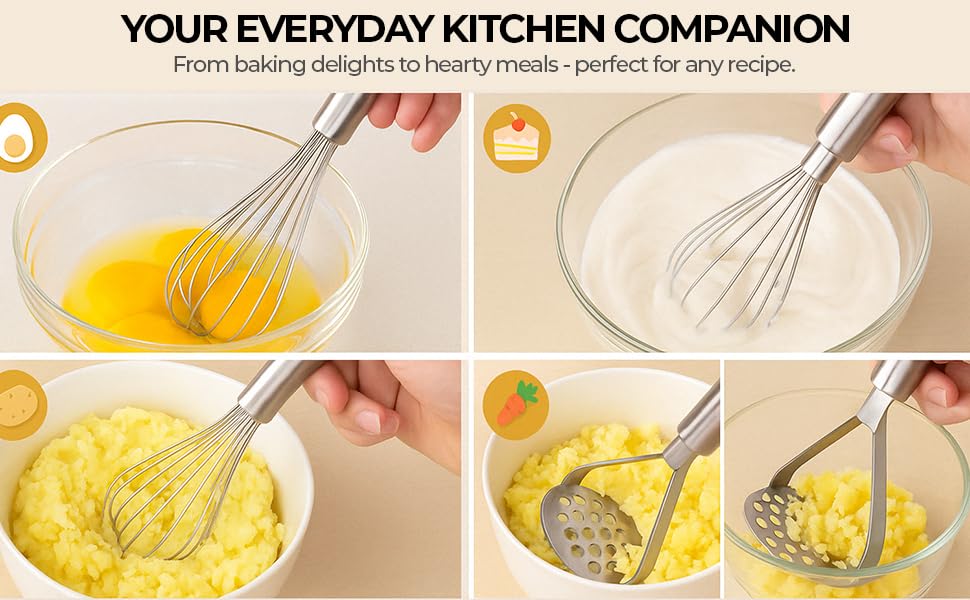 Image of Stainless Steel Potato mashers Whisker, Hand Tool Stainless Steel Mini Kitchen Whisk with Pav Bhaji Masher Best Kitchen Tool Combo for Your Home (Whisk 25CM and Masher 20CM)