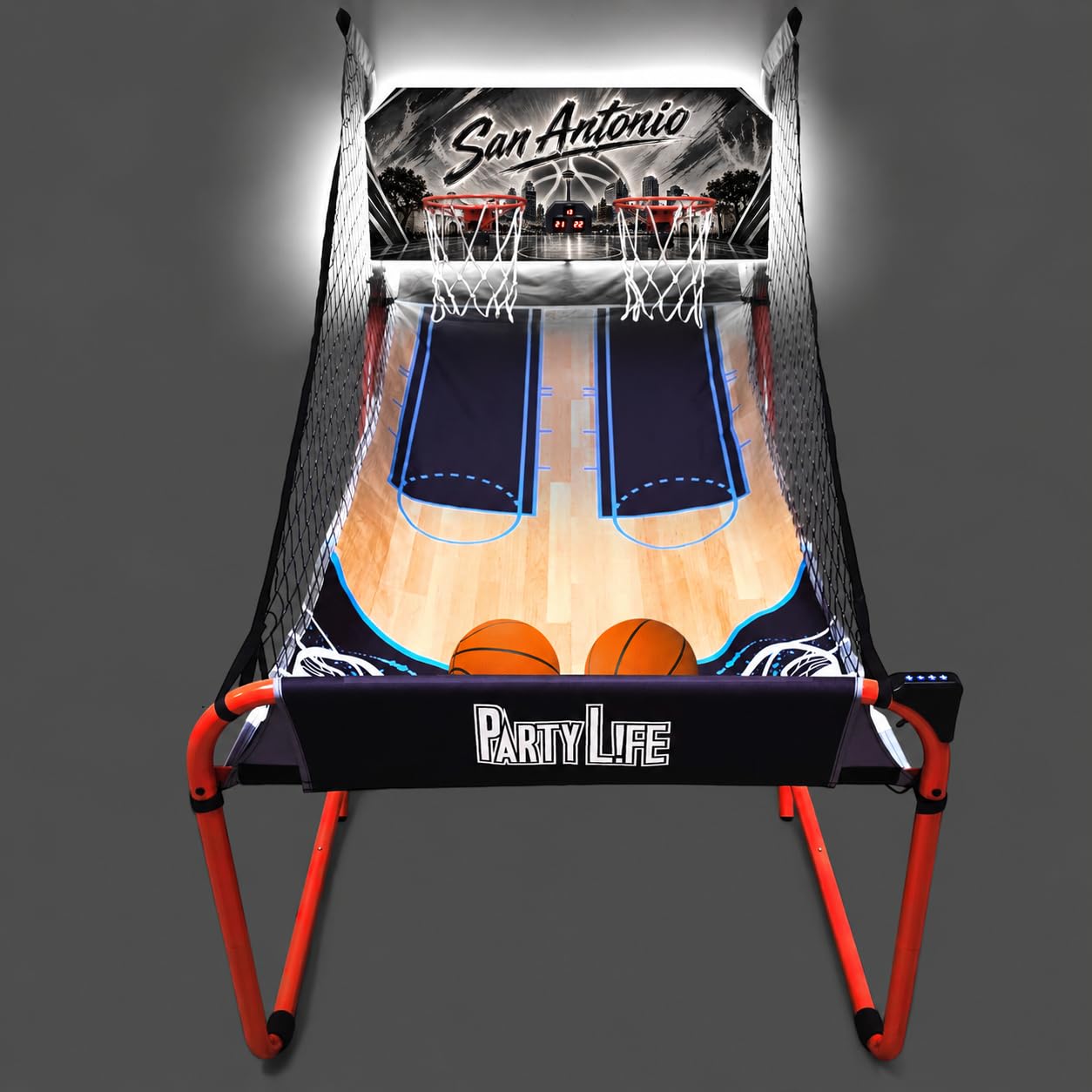 PartyLife 2-Player Basketball Arcade Game w/LED Lights | Electronic Scoring | 5 Balls, 1 Pump, 8 Games | Folding Design | Heavy-Duty Steel Frame