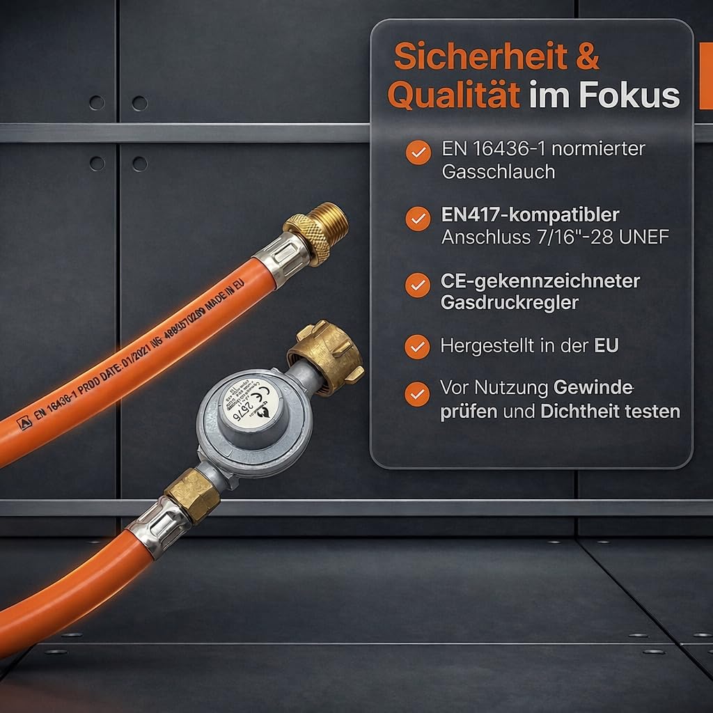 EN417 Adapter-Schlauch auf Gasflasche mit Gasdruckregler, Umrüstschlauch für Schraubkartuschen-Geräte, 1 m, 7/16-28 UNEF auf 3/8 LH, 1,5 bar 8 kg/h, Schlauch EN 16436-1, inkl. Polybeutel