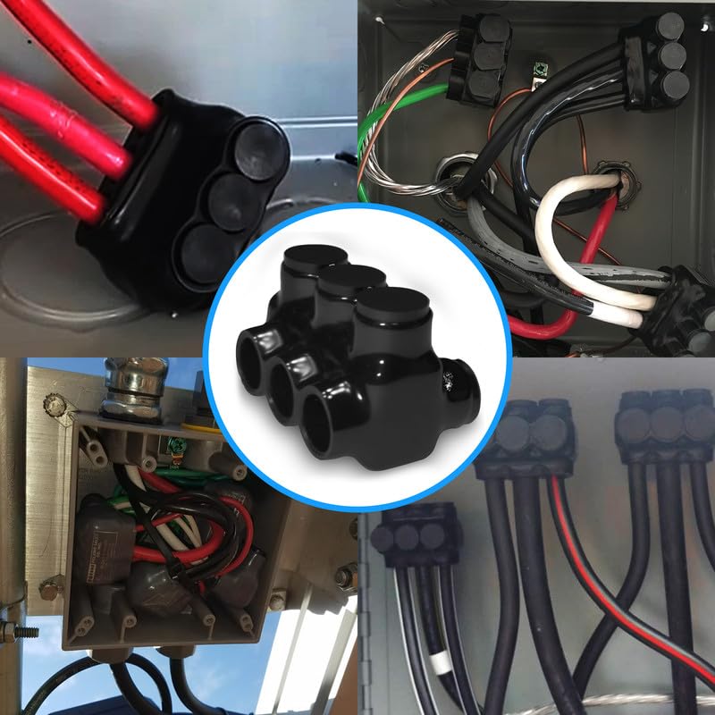 OHLECTRIC 4 Pack - Dual Side Entry - 3 Port - 3/0-6 AWG - Black Insulated Connector - 7/32 Hex Screw - Pre-Filled with Oxide Inhibitor - Rubber/Vinyl Coating, 6061-T6 Aluminum CU9AL