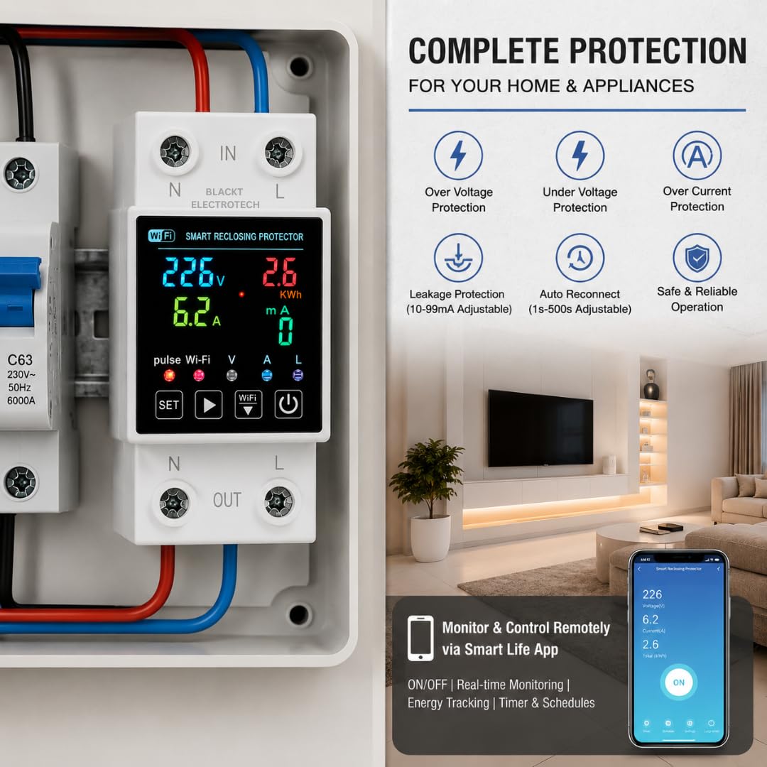 Blackt Electrotech BT720WP Smart Wi-Fi Over/Under Voltage Protector Energy Meter (AC 100-240V, 1-63A) with Leakage Protection, Remote Control & Power Monitoring Smart Life App — Amazon image 6