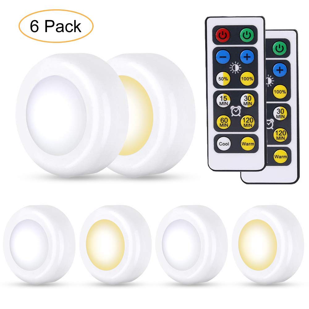 6pcs LED Puck Lights Battery Operated, Wireless Dimmable LED Under Cabinet/Counter/Closet Lighting with 2 Remote Control Timing Function (Cool/Warm White)