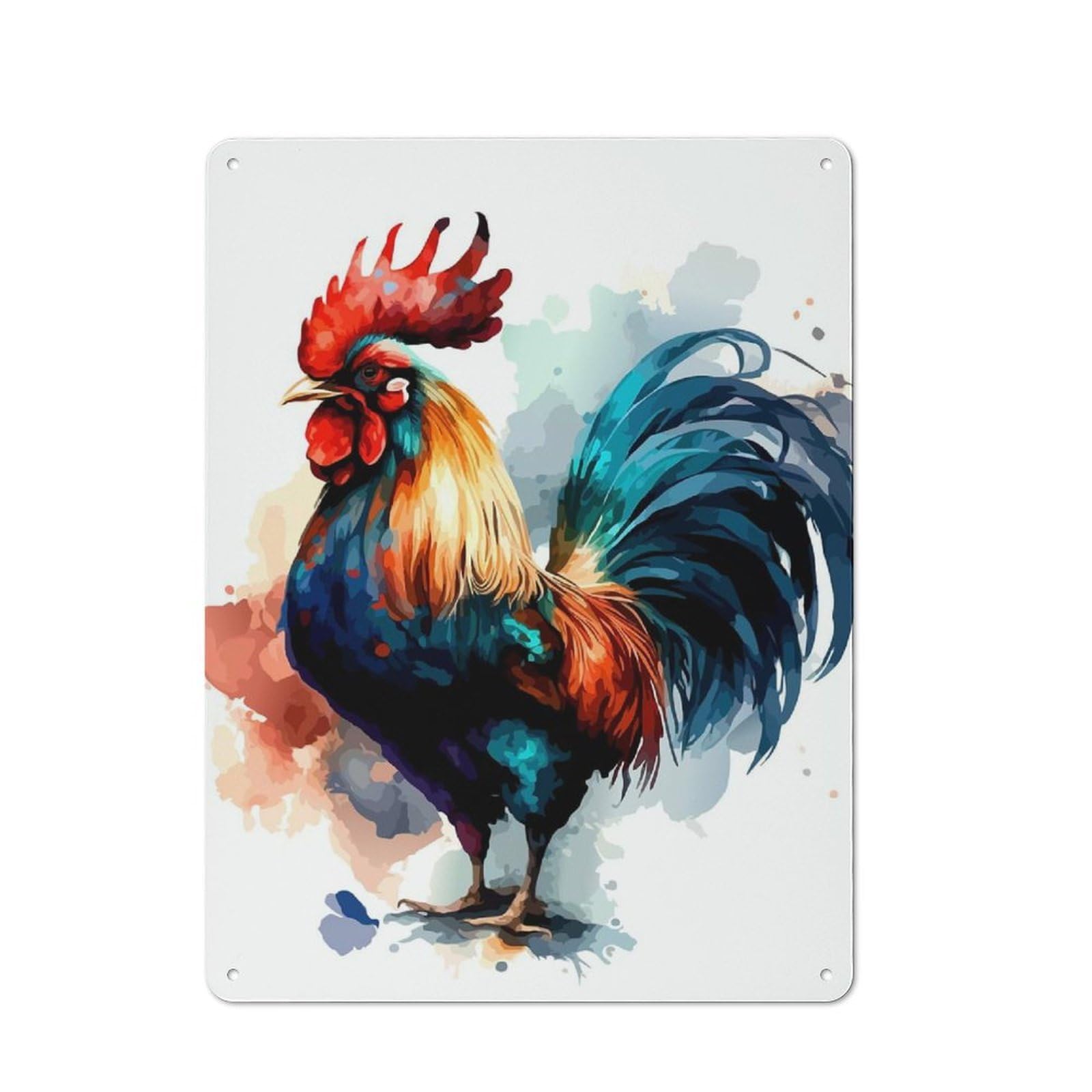 Vintage Watercolor Rooster Illustration Metal Plaque 40x30cm, Diner Style Decor for Coffee Bar, Kitchen, Bistro Or Tea Corner