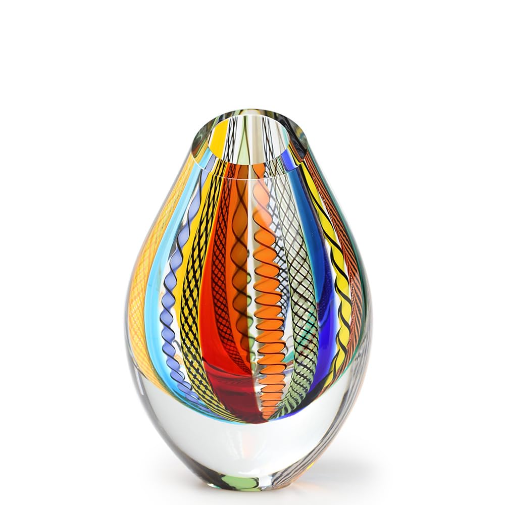 Ca D Oro Drop Glass Vase Boho with Colored Canes Hand Blown Murano-Style Art Glass - Model Low