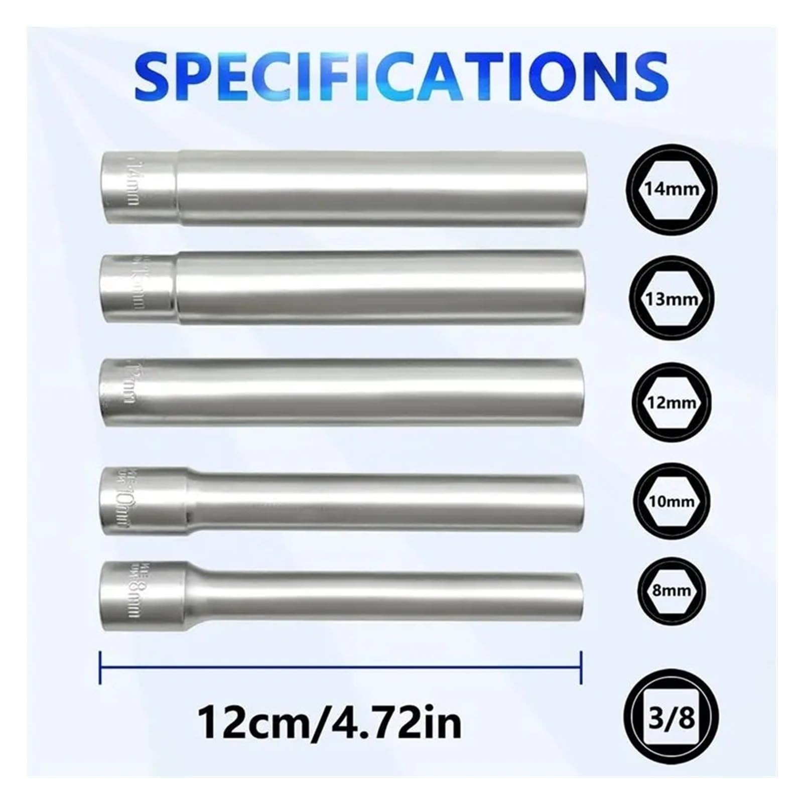 Juego de 5 llaves de vaso métricas de 120 mm de profundidad, 3/8 pulgadas, pared fina, 6 puntos, 8-10-12-13-14 mm, extra largo para reparación de automóviles