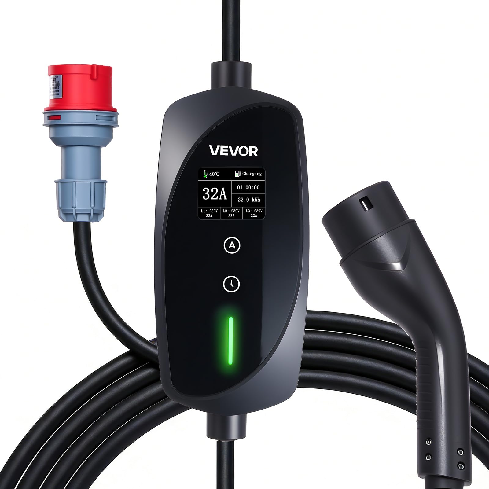 VEVOR Mobile Wallbox, 22 kW, 32 A, Typ 2 Ladestation für Elektrofahrzeuge, 3-Phasig-Ladegerät mit 7 m Ladekabel, CEE32-Stecker, LCD-Bildschirm, IP66-Steuerbox, für Elektrofahrzeuge