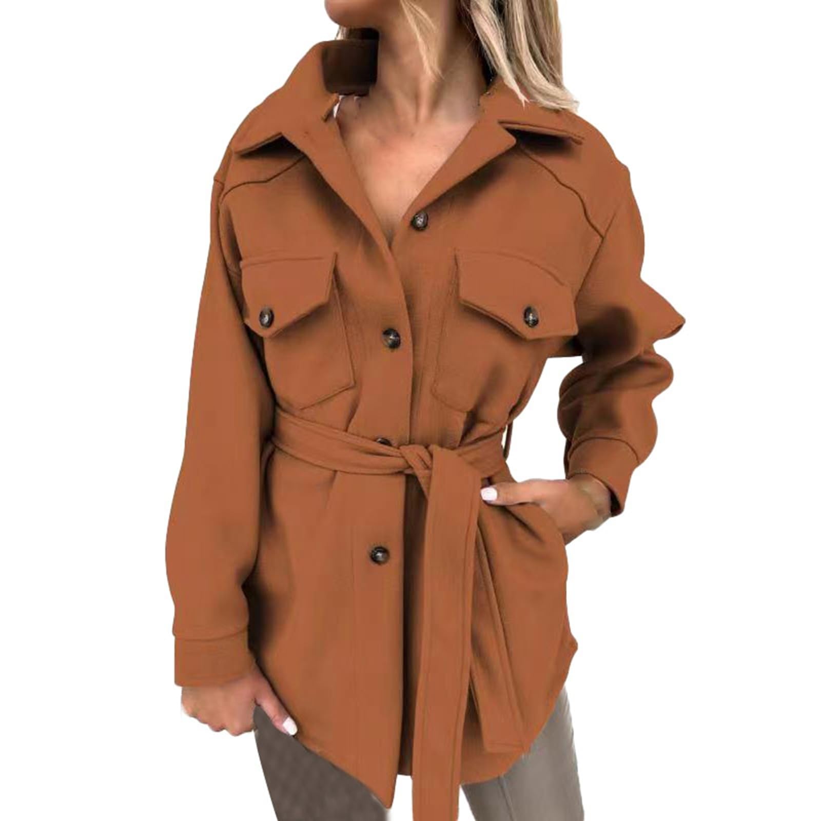 GenericWool Coats For Women Button Down Pea Coats Wool Jacket Plus Size Vintage Cardigan Fall Winter Long Sleeve Coat Warm Outwear