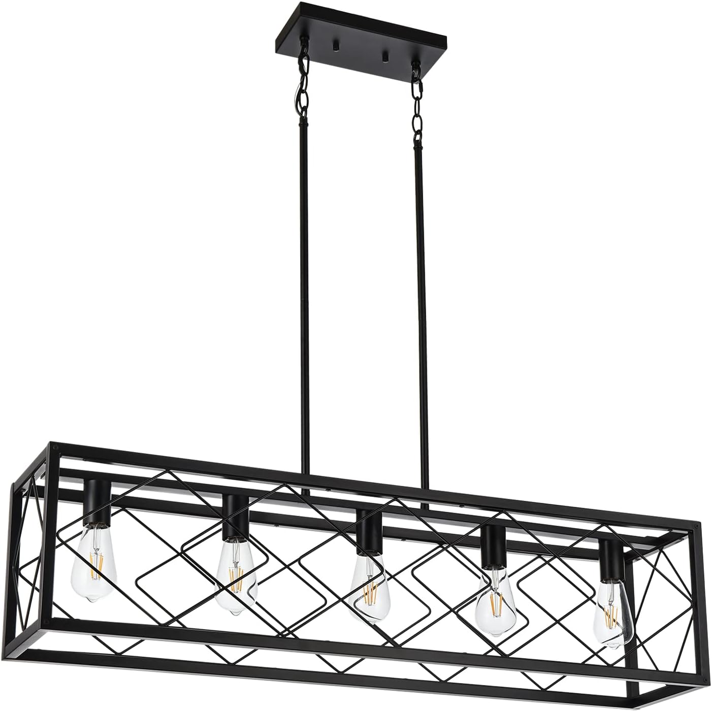 Niloah Dining Room Light Fixture, Black Kitchen Lights Ceiling, 5 Lights Industrial Farmhouse Chandelier, Rectangle Hanging Pendant Lighting for Kitchen Island