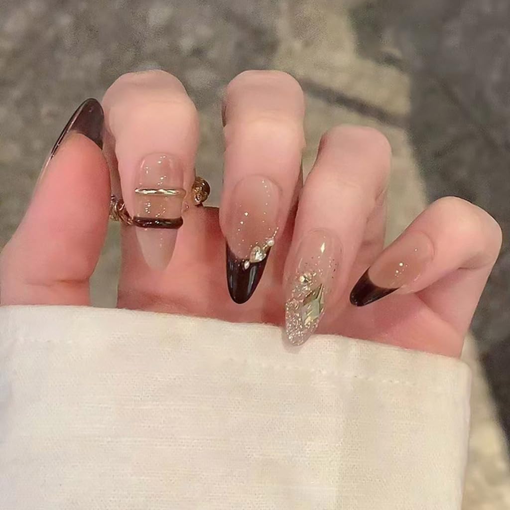 24pcs Almond French Tip False Nails Glossy Artificial Nails Acrylic Stick on Nails Easy Application