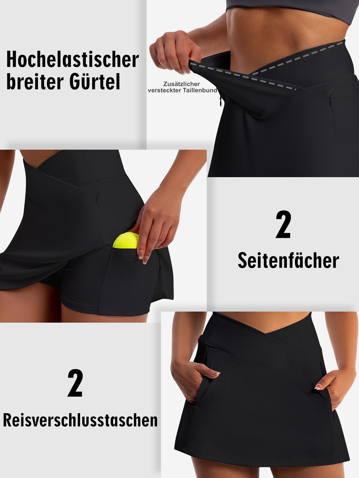Jupe de tennis pour femme - Taille haute - Avec 4 poches et pantalon - Extensible - Pour le sport, la randonnée, le cyclisme