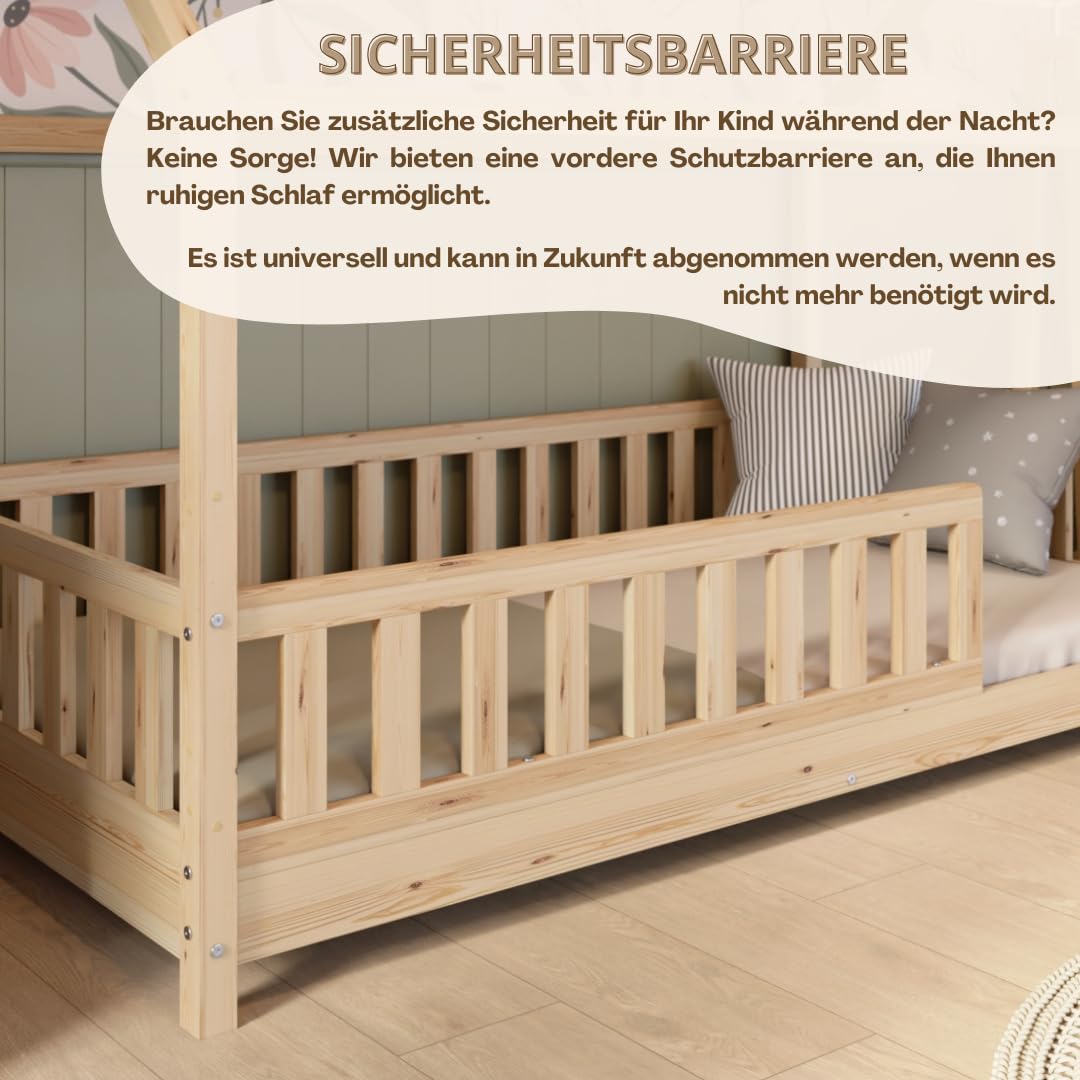 Hausbett 140x200 cm – Kinderbett aus Naturholz mit Rausfallschutz – Skandinavisches Design, Montessori Bodenbett mit Höhenverstellbaren Beinen - Crazy Blanco
