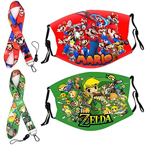 GTOTD Mario Zelda lanyardsï¼ˆ2 packï¼‰with Mario Zelda Kids cloth masks for Key Wallet.Mario zelda merch gifts video games party supplies Face Mask Adjustable Reusable for kids teen