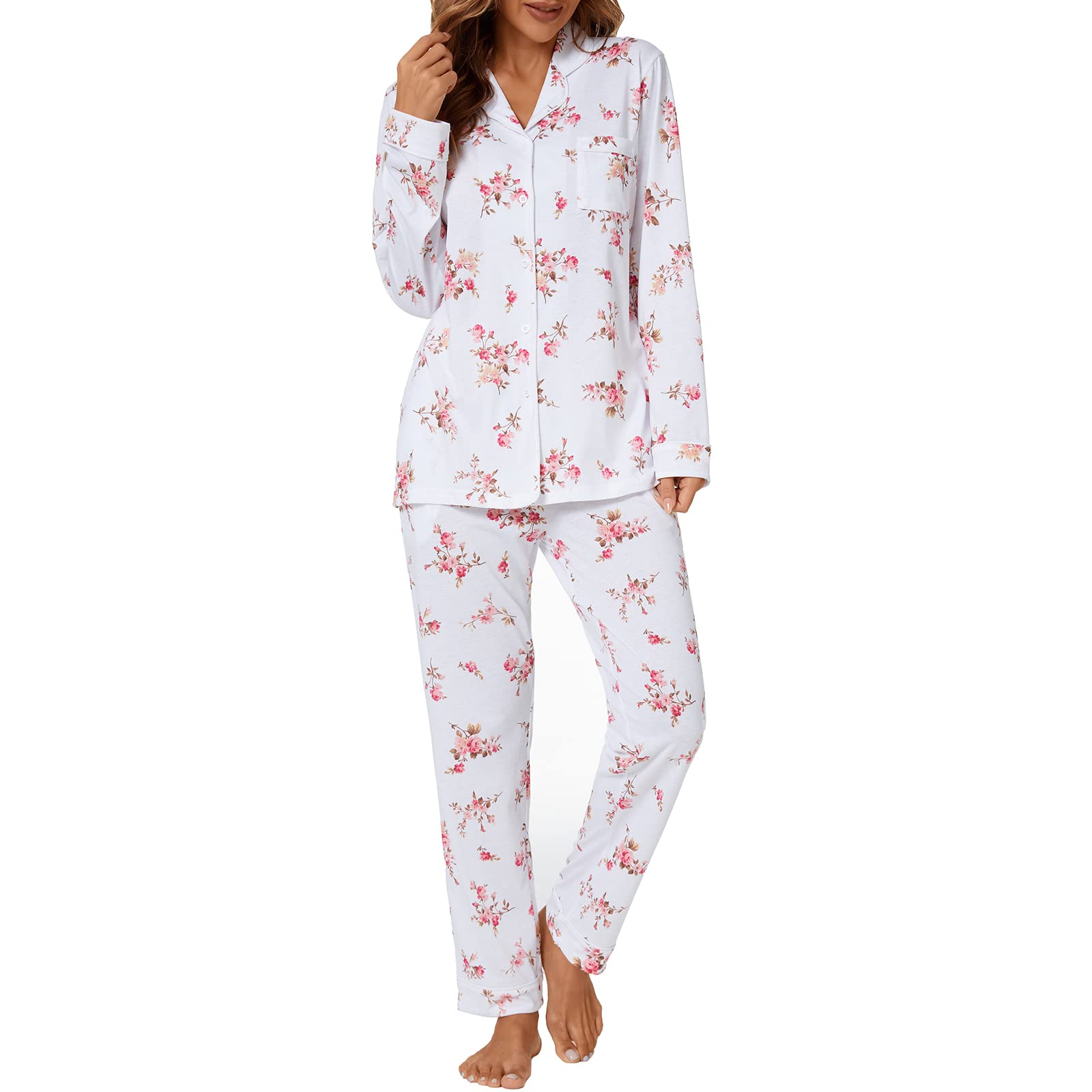 Tugege Pajamas Set Long Sleeve Sleepwear Womens Button Down Nightwear Pj Sets