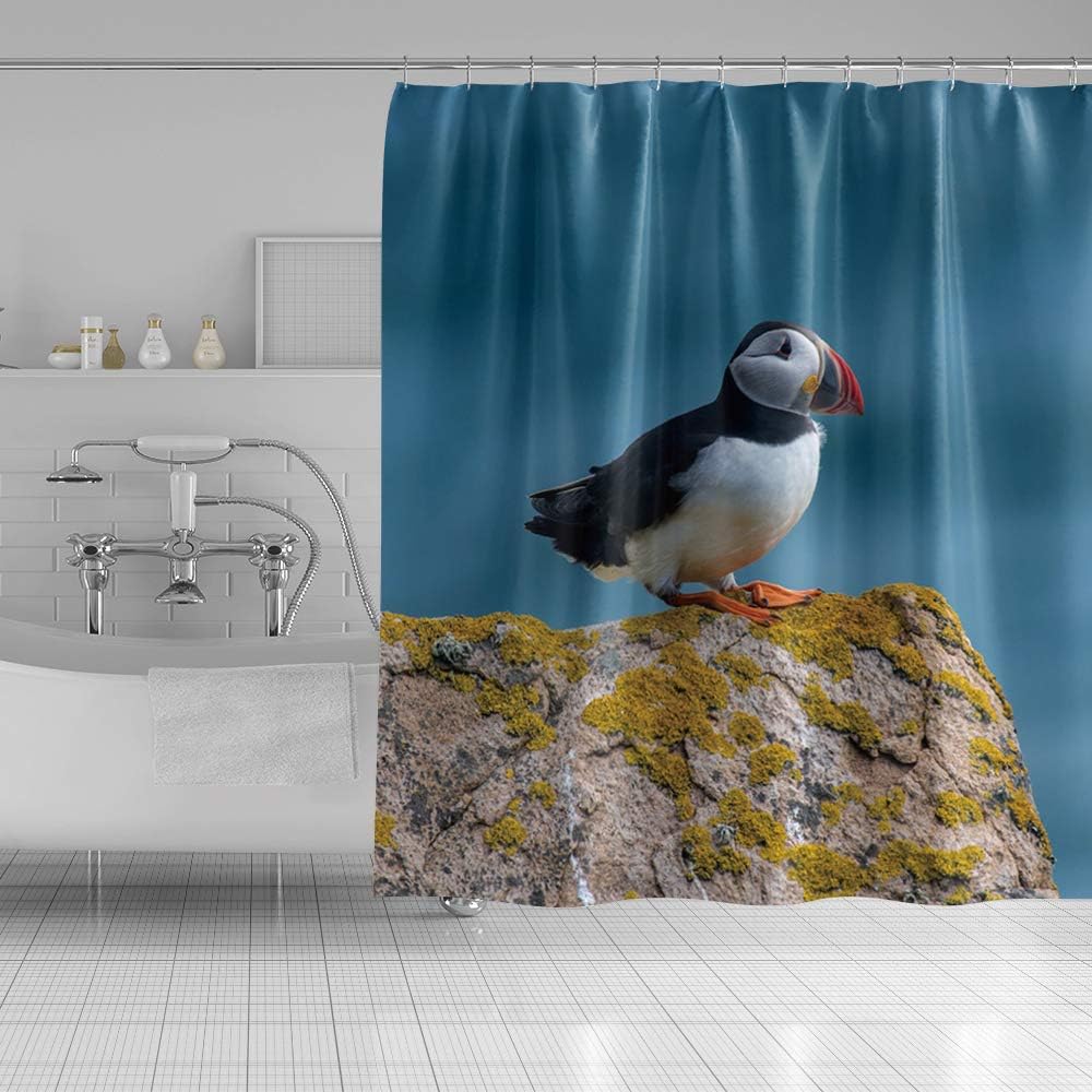 OERJU Cute Atlantic Puffin Shower Curtain Puffin Stanads on The Lichenous Stone Blue Background Bath Curtain Waterproof Polyester Fabric Bathroom Decor Set with Hooks 72x78inch