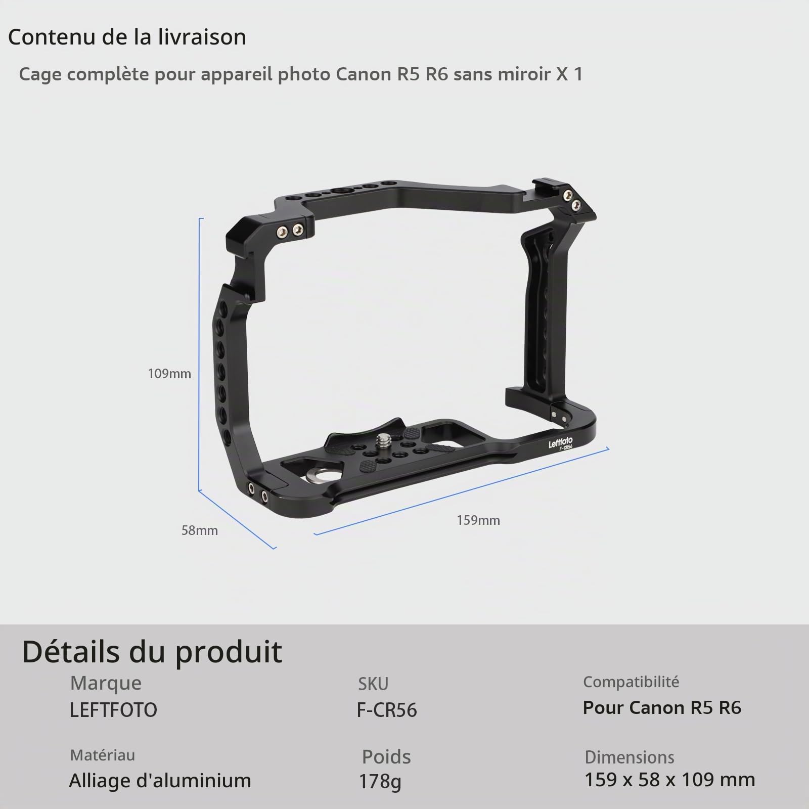 Cage complète pour appareil photo Canon R5 R6 sans miroir, extension de montage de microphone, support de lumière, accessoires de filmage avec griffe