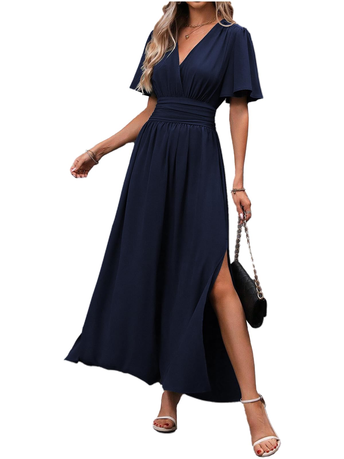 Damen Sommer Maxi Kleid V-Ausschnitt Schmetterlingsärmel Plissee Hohe Taille Schlitz Elegant Hochzeitsgast Langes Kleid