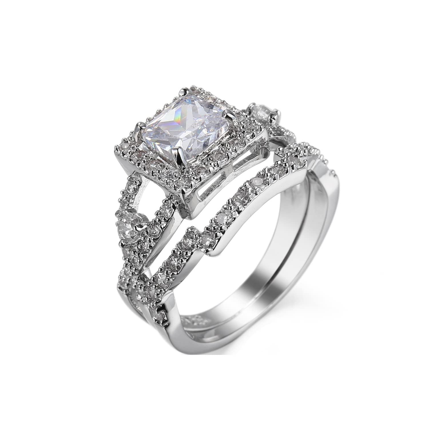 Lzz 925 Sterling Silver White Topaz Princess Square Cut Cubic Zirconia Ring Set Fashion Lady Halo Ring Wedding Jewelry Size 6-10 (US code 10)