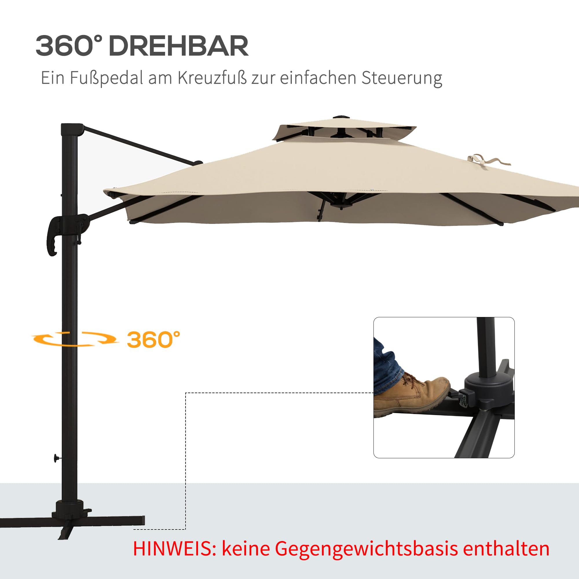 Outsunny Sonnenschirm ca. 3 x 3 m 360 Grad Schwenkbar Balkon Alu Khaki