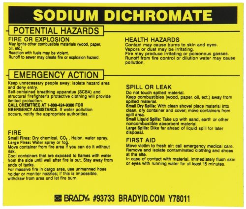 Brady 93733 étiquette Dichromate en vinyle noir sur jaune 9,5 x 11,4 cm pour signalisation