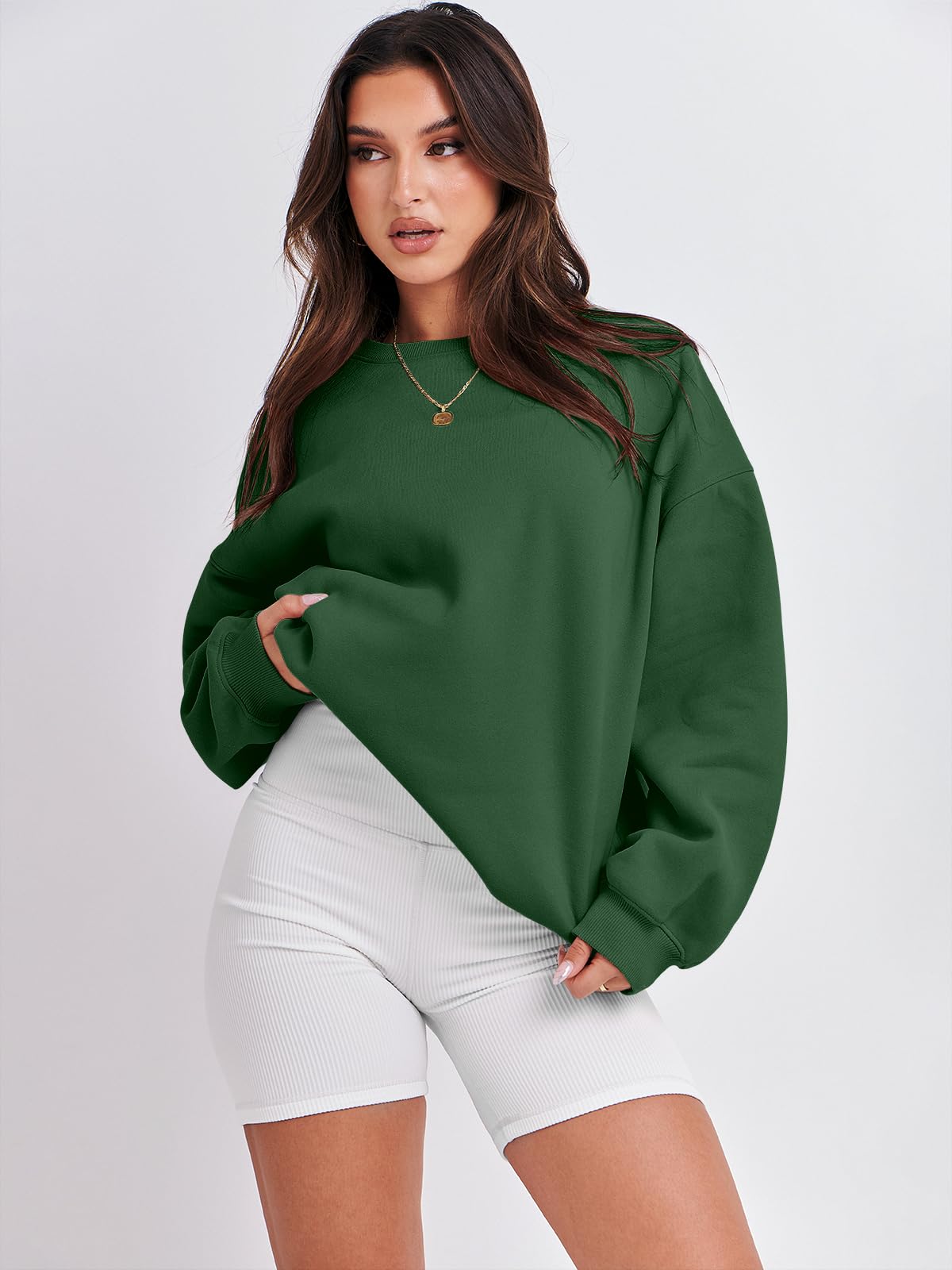 Damskie bluzy oversize bluzy z kapturem polar okrągły dekolt sweter top codzienne jesienne stroje preppy ubrania nastolatki 2024 A1019 światło, Jeden kolor, Deep Green_X-Small