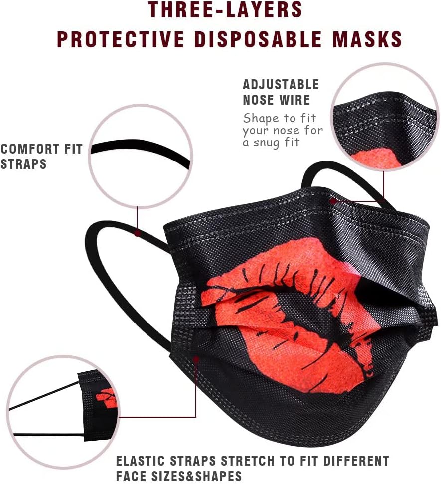 Disposable Face Masks - 100Pcs, Black Masks with Designs, Skull and Bones Prints Women Face Masks, Red Lips Disposable Masks for Women