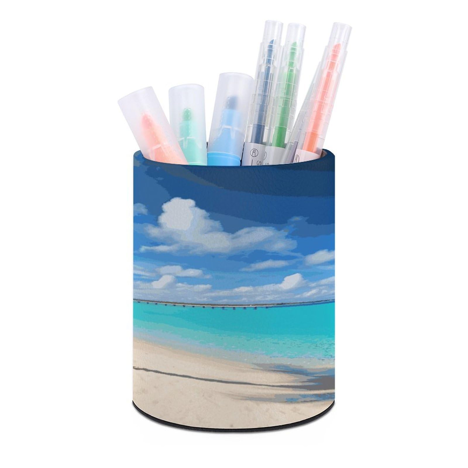 LDGSUPH Tropical Beach Round Pen Holder Leather Pen Cup Pencil Cup Pen Organizer Pencil Holder for Desk Organizer Pencil Organizers Makeup Brush Holders for Home Office Gift
