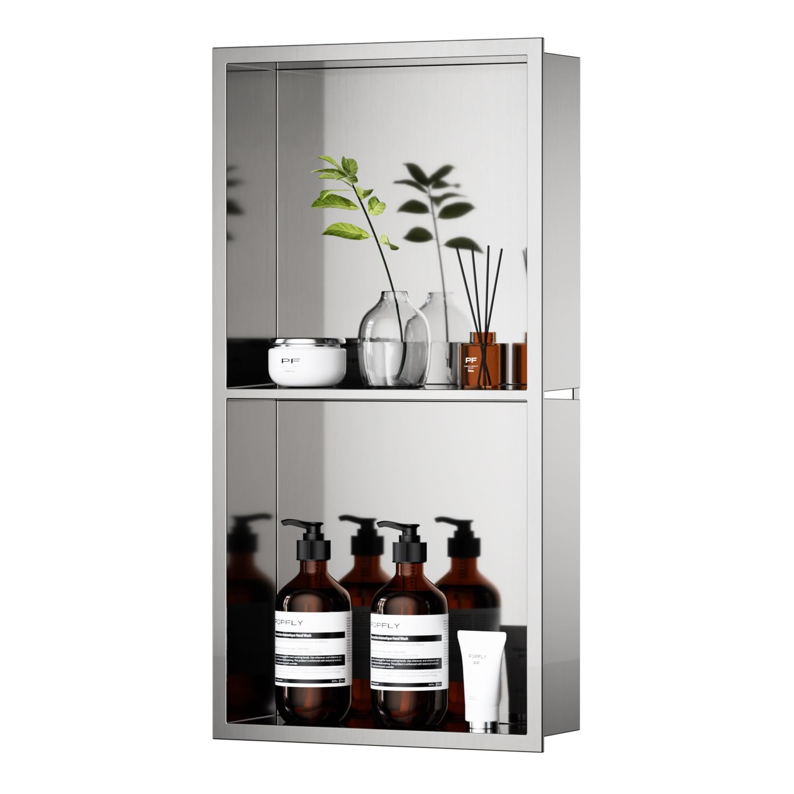 POPFLY 12"×24" Stainless Steel Shower Niche, Double Shelves Bathroom Niche No Tile Needed Recessed Niche Shower for Bathroom Storage, Horizontal or Vertical Insert, Nano Silver