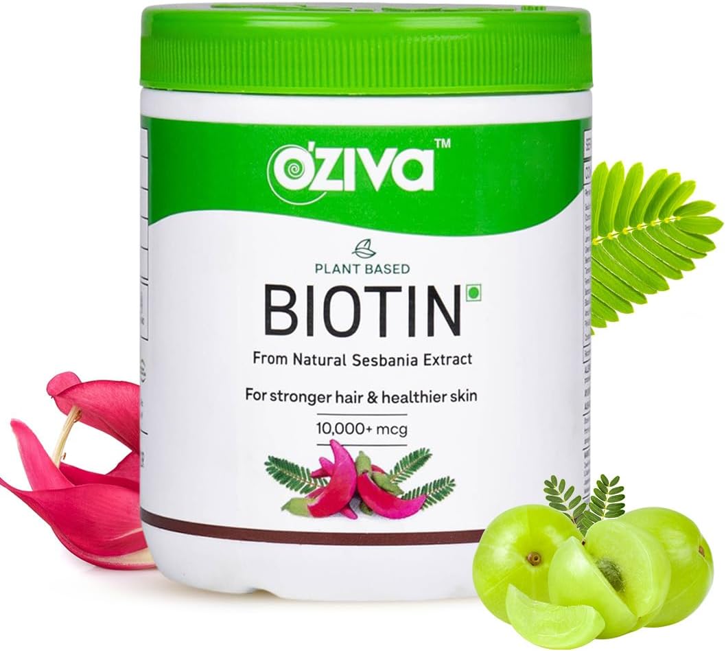 OZiva Plant Based Biotin For Hair Growth 10000Mcg+ With Amla For Men & Women, Biotin Supplement To Support Hairfall Control & Healthier Skin, Certified Clean & Vegan, 125 Gm