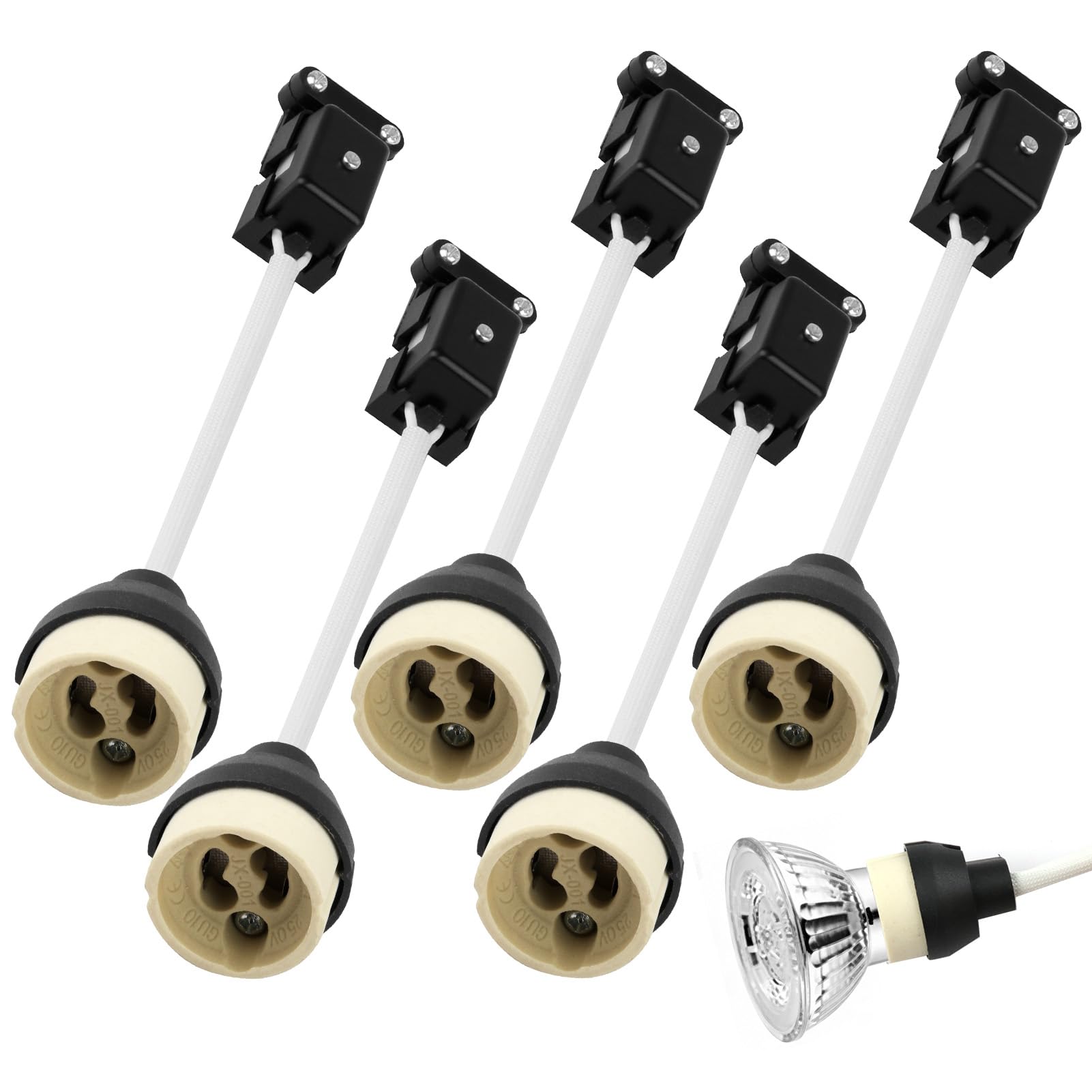 5 Pack GU10 Lamp Holder Ceramic Lamp Bases Connector 250V 2A Lamps Light Fitting Parts High Temperature Resistant GU10 Socket with Box Socket for Halogen Bulbs LED Light Bulbs, White Insulated Tube