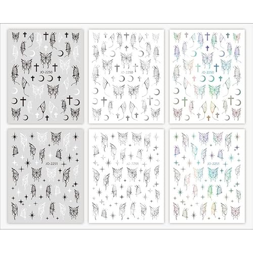 Nail Stickers Butterfly Black White Nail Decals Butterfly Laser Nail Art Stickers Flowing Light Self Adhesive Diy Nail Decoration - 6 Sheets - Gone With The Angel #TOP3