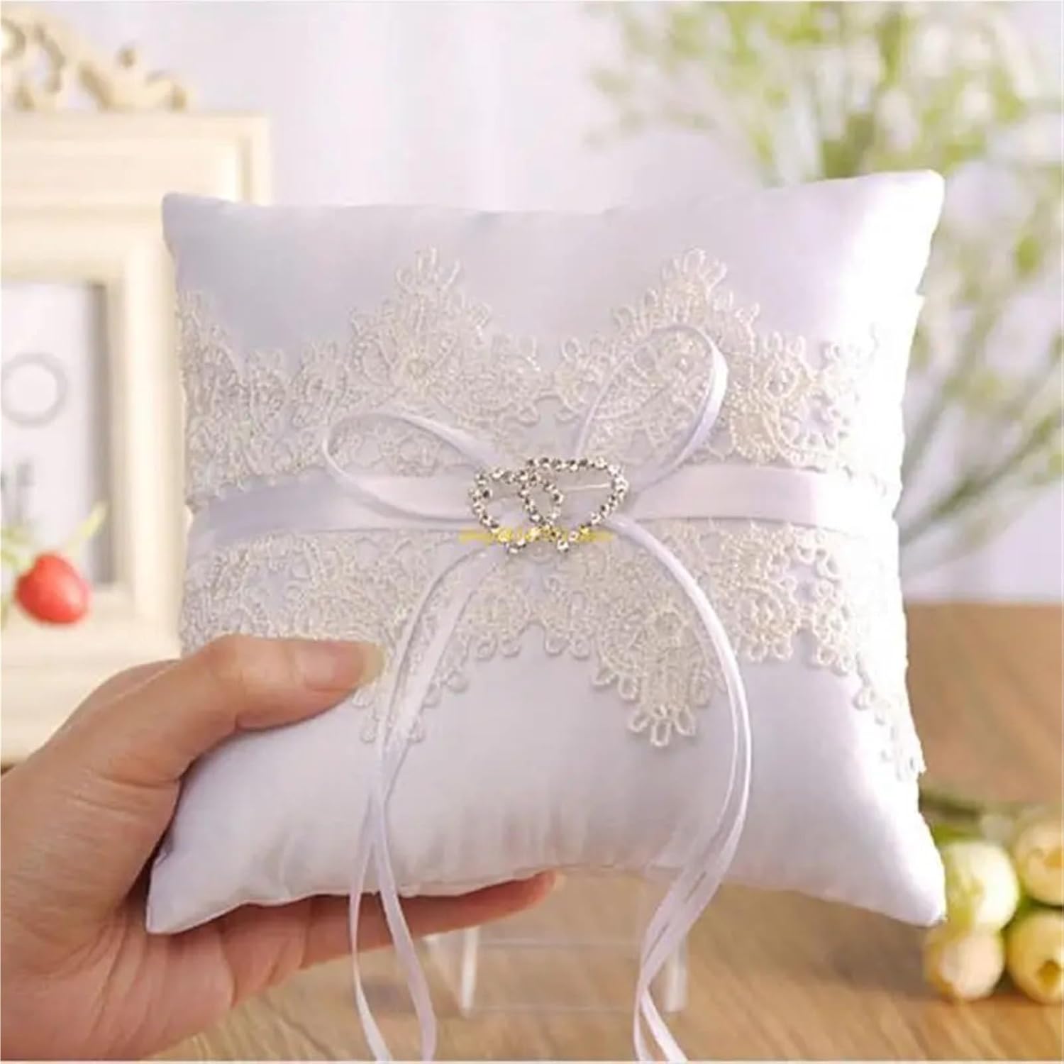 Wedding Ring Bearer Pillow 2pcs 15x15cm Lace Rings Pillow European Holder for Wedding Engagement Anniversary Decorations