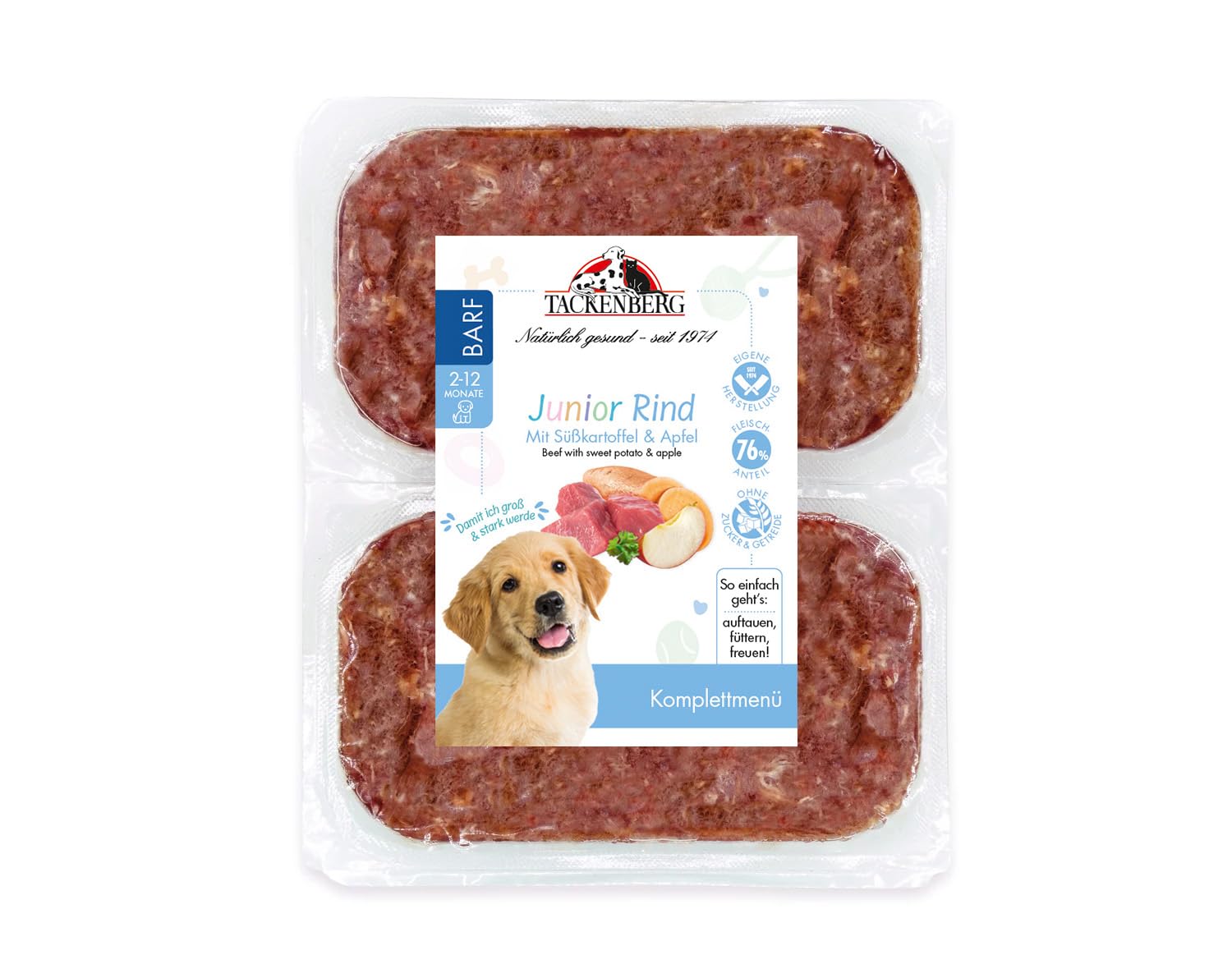 TACKENBERG Barf Welpenmenü vom Rind mit Süßkartoffeln & Apfel, 14 x 500 g