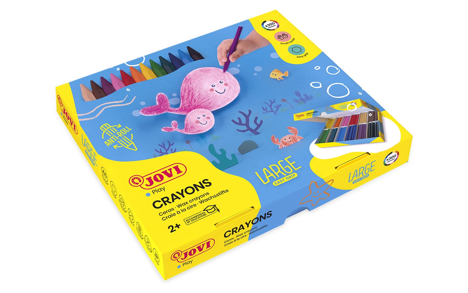 Jovi - Bulk Large Easy Grip Crayons Box, Classpack set with 300 Hexagonal Wax Crayons in 12 Colors, Non-toxic and Gluten-Free, School Art Supplies for Teachers