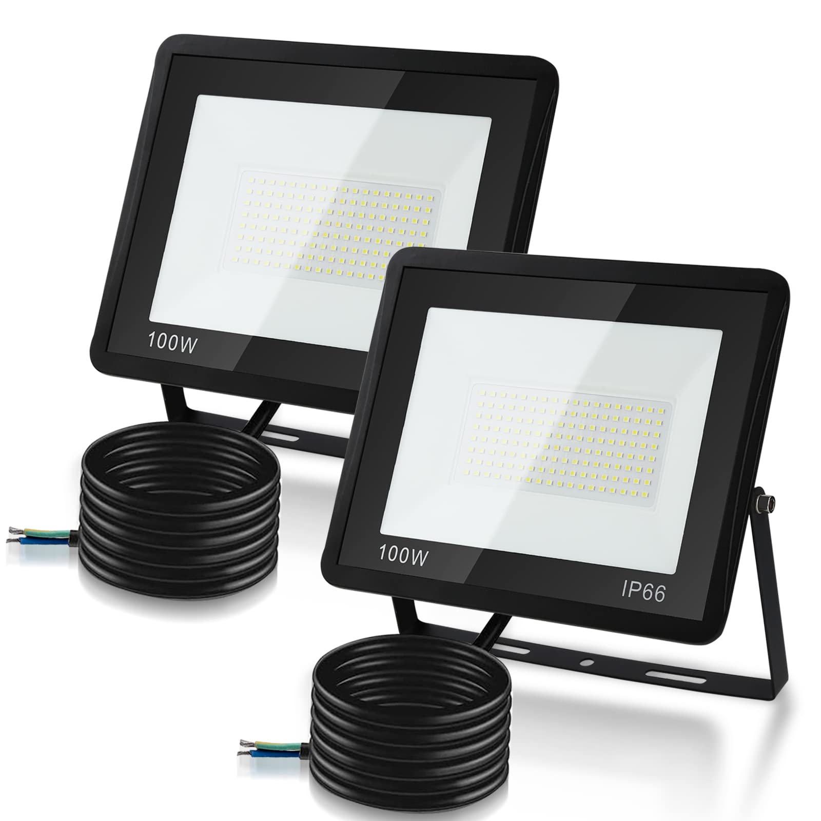Lospitch Projecteur LED Extérieur 100W, Lot de 2 Spot LED Extérieur IP66 Étanche, 8500LM Superlumineux Spot Exterieur Floodlight 3000K Blanc Chaud, pour Cour, allées (sans prise)