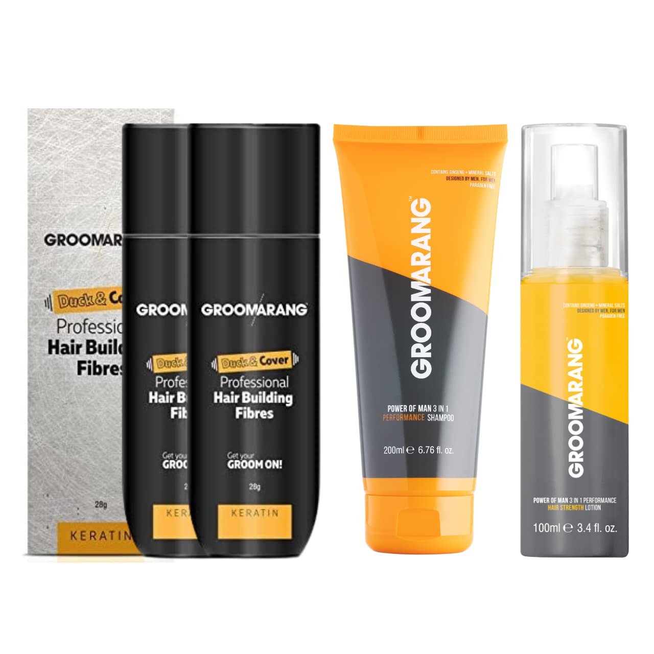 Hair Fibres X2 GROOMARANG Keratin Hair Building Fibres for Thinning Hair - Instantly Conceals Thinning Areas for Fuller Thicker Hair - For Men & Women 28g + Shampoo & Hair Loss Lotion (Light Brown)