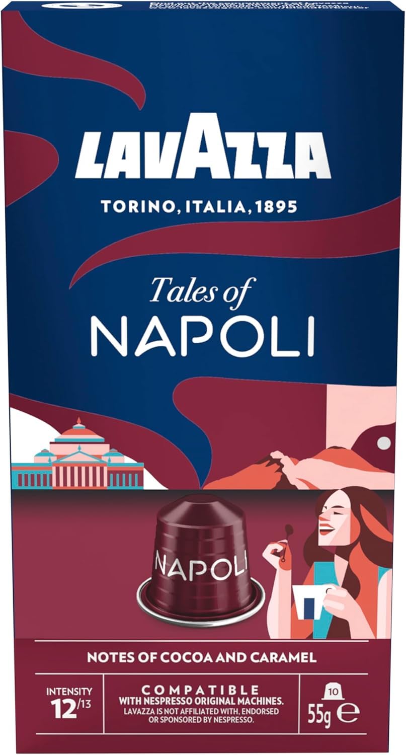 Lavazza, Tales of Napoli, 10 Coffee Capsules Compatible with Nespresso Machines Original, with Notes of Cocoa and Caramel, Arabica and Robusta, Intensity 12/13, Dark Roast